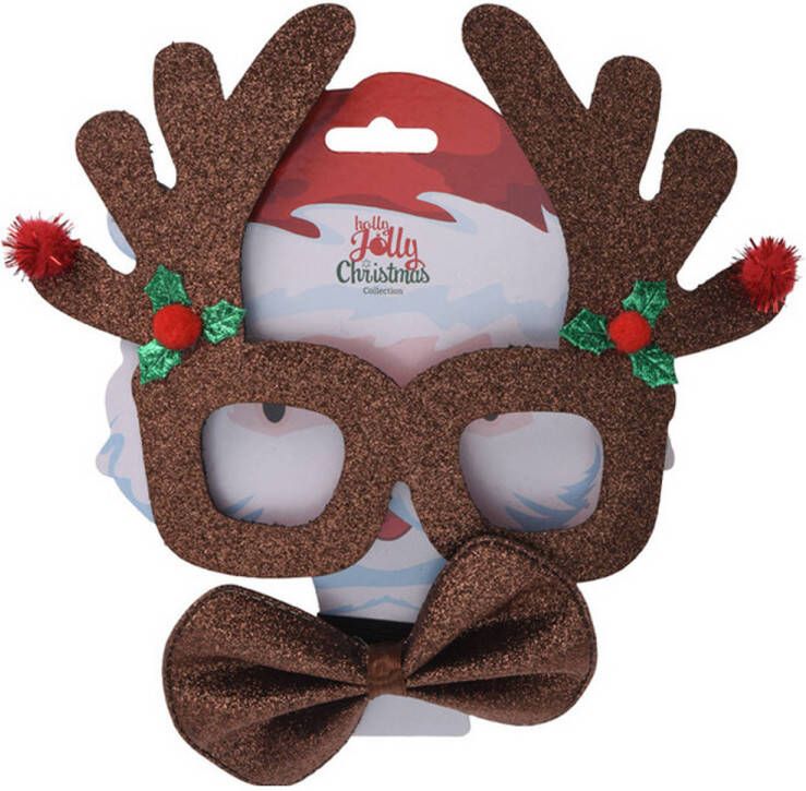 Bellatio Decorations Bruine Kerst Feestbril Met Vlinderstrikje 17 Cm Kerstaccessoires Verkleedbrillen
