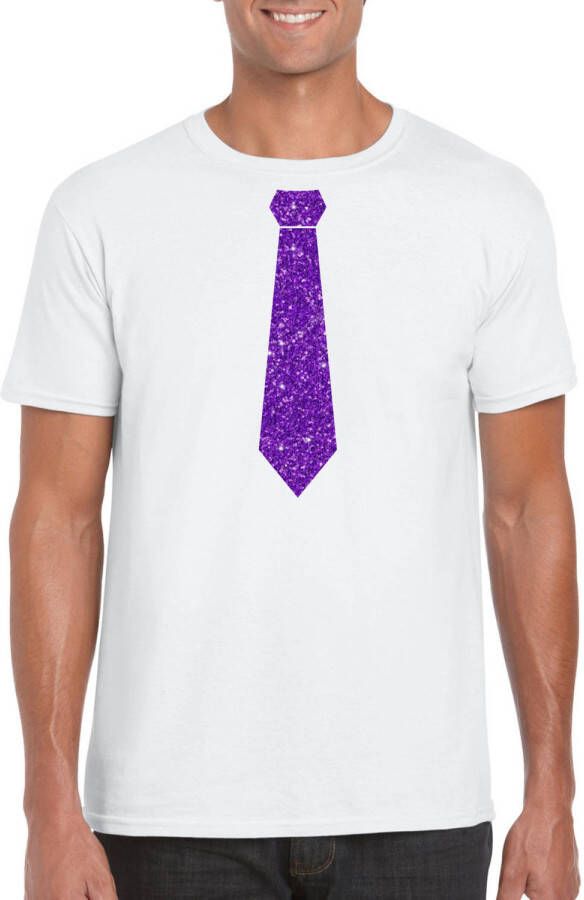 Bellatio Decorations Toppers Wit Fun T shirt Stropdas Met Paarse Glitters Heren M Feestshirts