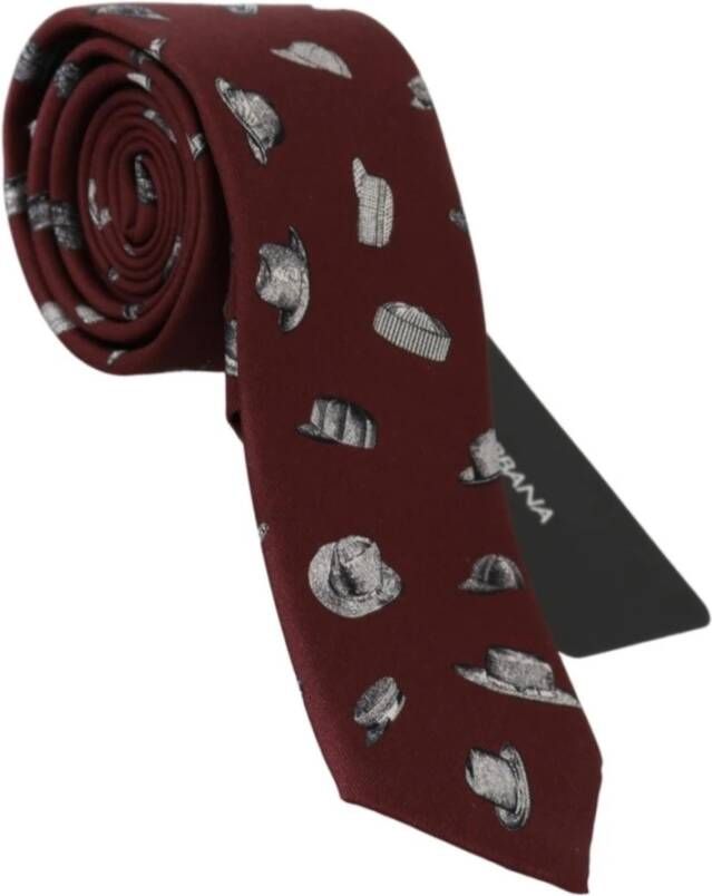 Dolce & Gabbana Bordeaux Hats Print Necktie 100% Silk Tie , Rood, Heren