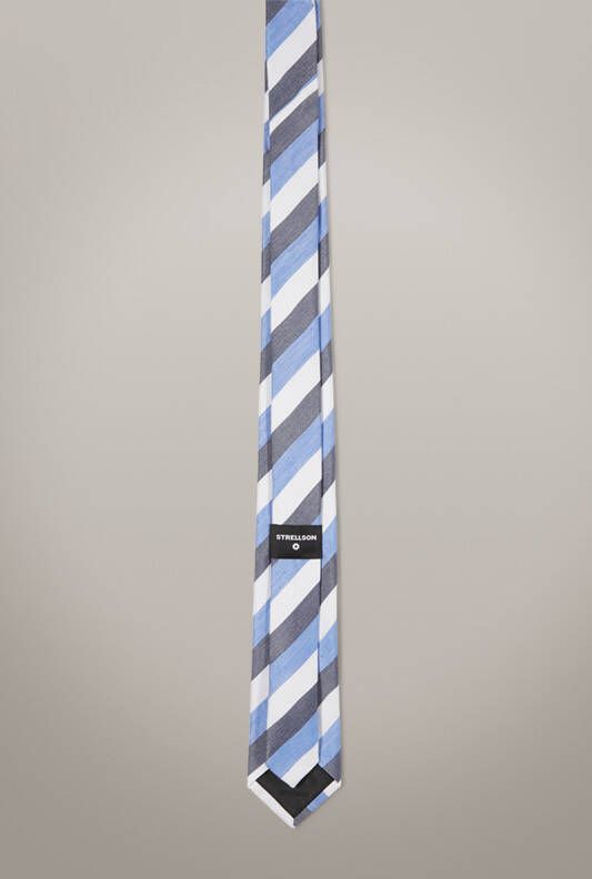 Strellson Stropdas van een mix van linnen en zijde, blauw wit zwart gestreept