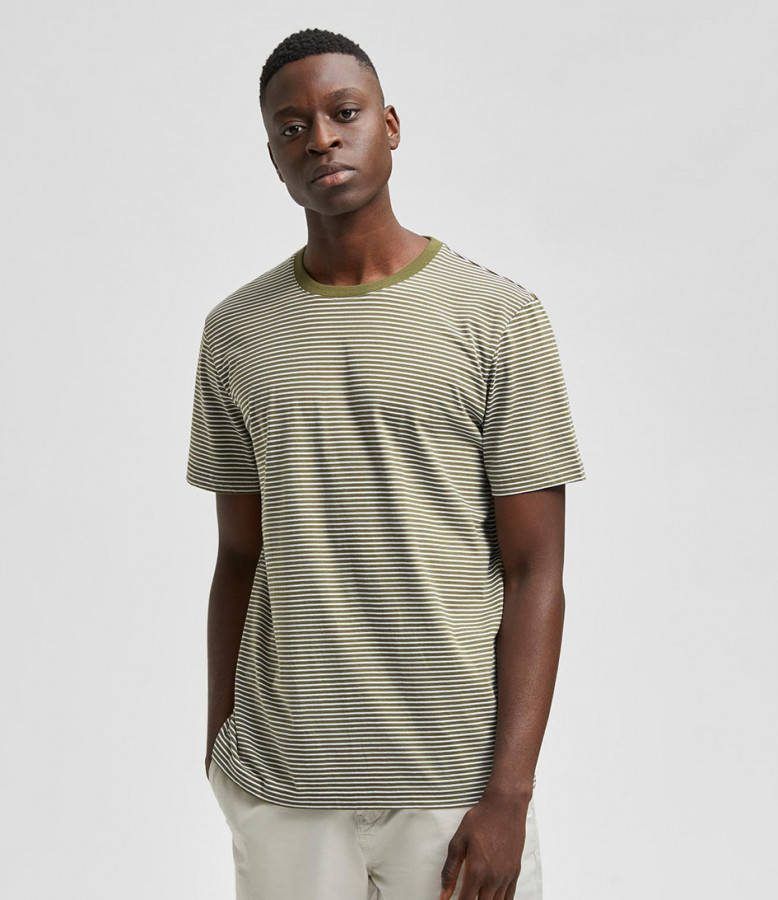 SELECTED HOMME gestreept T shirt SLHNORMAN180 van biologisch katoen winter moss/bright white