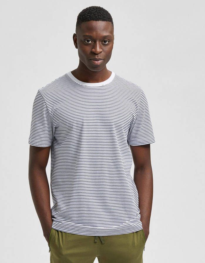 SELECTED HOMME gestreept T shirt SLHNORMAN180 van biologisch katoen bright white/navy blazer