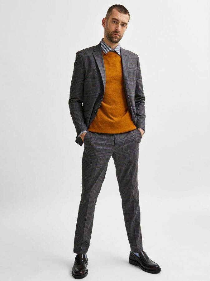 SELECTED HOMME geruite slim fit pantalon SLHTIMELOGAN grijs