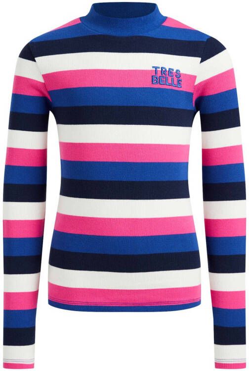 WE Fashion gestreepte longsleeve blauw/roze/zwart/wit