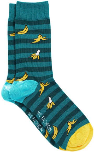 WE Fashion gestreepte sokken met bananenprint donkergroen