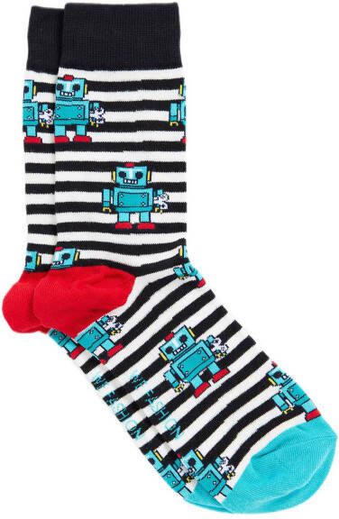 WE Fashion gestreepte sokken met robotprint zwart